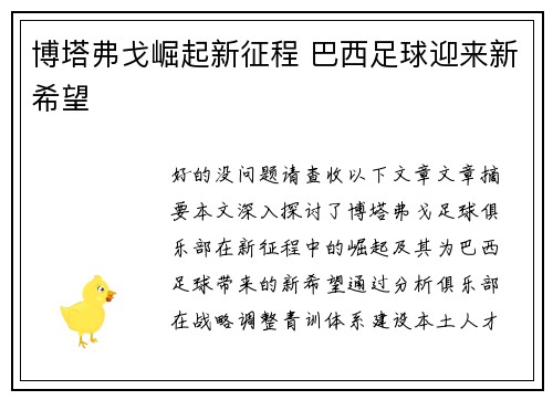 博塔弗戈崛起新征程 巴西足球迎来新希望